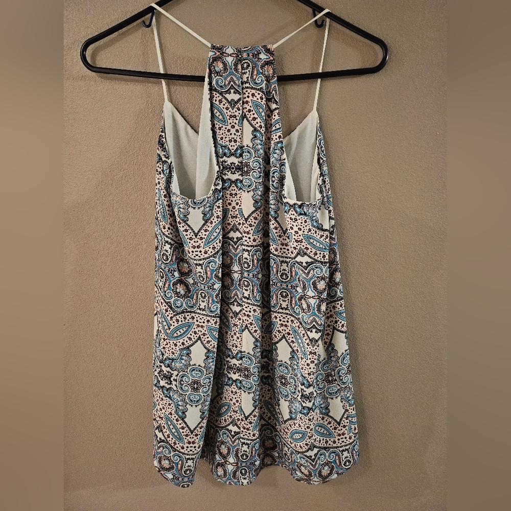 Express Patterned Spaghetti Strap Top - Blue, White, Cream - Picture 2 of 5
